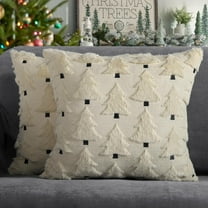 4TH Emotion Christmas Trees Decorative Pillow Covers 18x18 Set of 2, Beige Soft Plush Faux Fur Farmhouse Throw Cushion Cases for Xmas Winter Holiday Home Decor