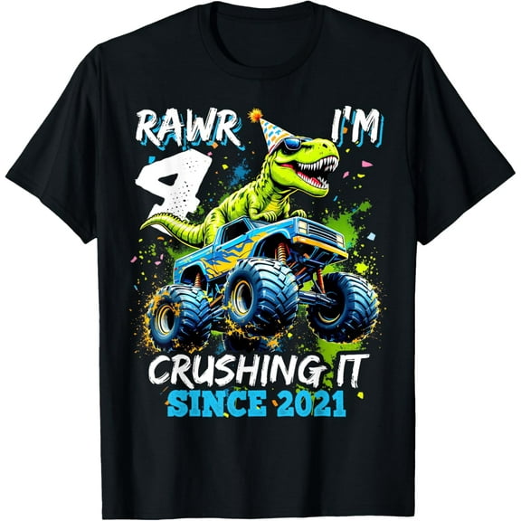 4Th Birthday Monster Truck Dinosaur Party Boys Rawr I'M 4 T-Shirt Unisex S-5XL Hot Trending Shirt, Vintage Birthday Gift