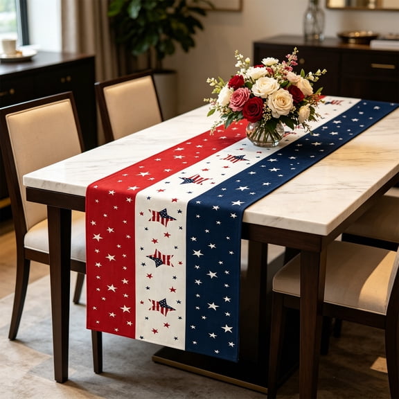 4Th Of July 250Th Anniversary Table Runner, Star Pattern Linen Runner, Rustic Linen Table Decor, Great for indoor Outdoor Kitchen Dining Table Patriotic Seasonal Party Arrangement