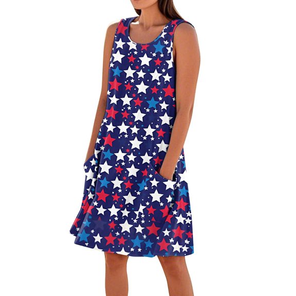 4Th Of July, American Flag Casual Tank Sundress With Pockets July Boho Beach Tshirt Dresses Black For Women Linen Dress Gowns And Evening Dresses Guest Square Dresses (M, Blue) ZMTing