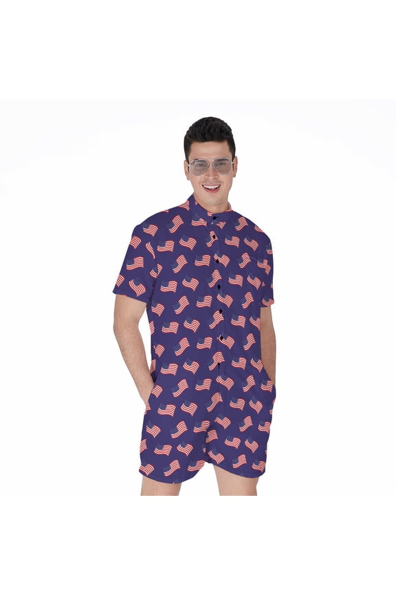 4Th Of July American Flag Pattern Short Sleeve Men'S Rompers, American Flag Casual Summer Jumpsuits Outfit. Gifts For Us Independence Day, 4Th Of July