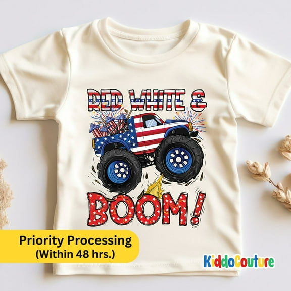 4Th Of July Boy Shirt, Monster Truck Kid Shirt, Red White And Boom Kids Shirt, Patriotic Monster Truck Shirt, America Monster Truck Shirt TODDLER SHORT SLEEVE TEE BELLA CANVAS 3001T