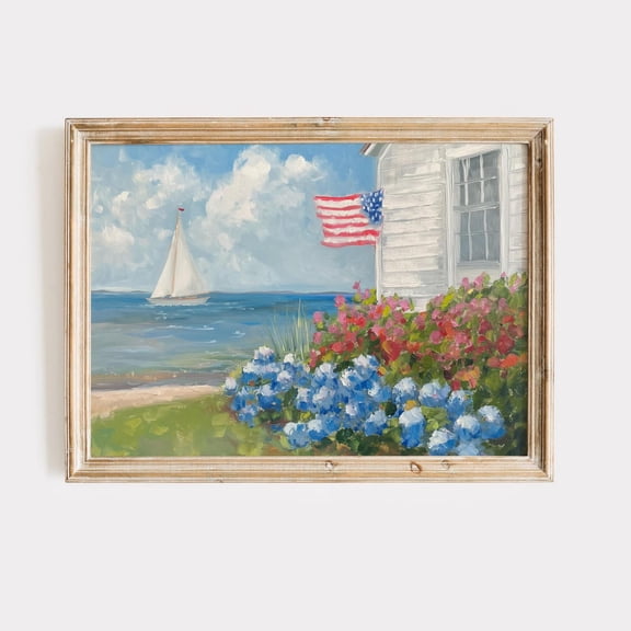 4Th July Coastal Sailboat Hydrangeas Poster Unframed Paper Print