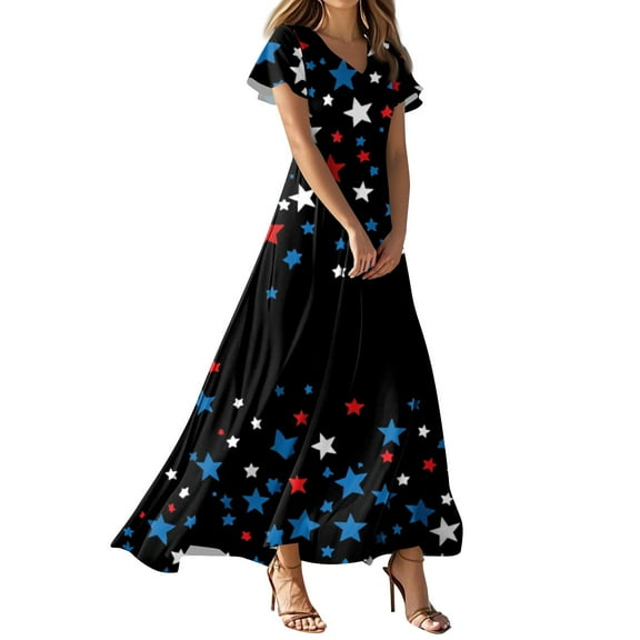 4Th Of July Costume, Women'S Summer Casual Fashion Printed Dresses V-Neck Short Sleeve Dresses Plus Size For Women Red Dress Dusty Blue Bridesmaid Green Dresses Outfits (XS, Black) ZMTing