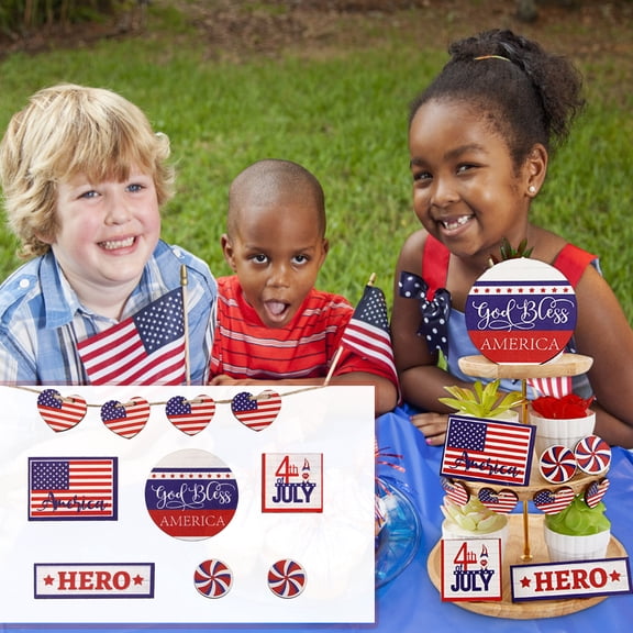 4Th Of July Decor, 1 Set American Flag Heart Decorations, Independence Day Tray Ornaments With Usa Themed Badges, Patriotic Home Party Tabletop Decor For July 4Th Celebrations
