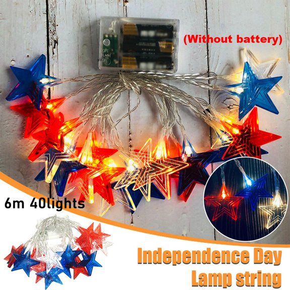 4Th Of July Decor 6M 40 Led Star String Lights, Red White Blue Star Shaped Battery-Operated Fairy Lights (No Battery), 6-Meter 40-Light Us Independence Day Decoration For Home