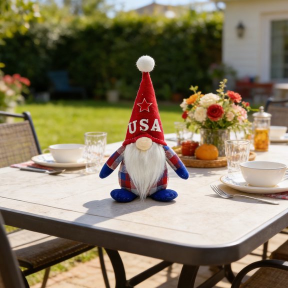 4Th Of July Decor Gnome Figurine, Usa Themed Bearded Faceless Doll Ornament, 1 Piece Tabletop Decoration For Independence Day, Patriotic Red/Blue Plaid Gnome For Home Office Party