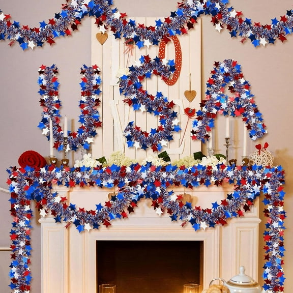4Th Of July Decor Independence Day Party Streamer Tinsel Garland 1 Piece 16Ft Length Festive Red White Blue Party Decoration For Home Yard Indoor Outdoor Celebrations