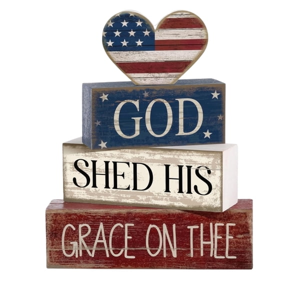 4Th of July Decor, Vintage Shelf Decor, BlueandWhite Decor, Wooden Block, Freedom Hat Topper, Rustic DecorationsforHome, Tabletop Decor, Entryway Display, 4 Pc