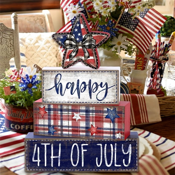 4Th of July Decorations Indoor, Rustic Decorations for Home, 10X6 in Wooden Blocks, Patriotic Decorations, Independence Day Decorations, Tabletop Sign, Bow Decor, Red White Blue,