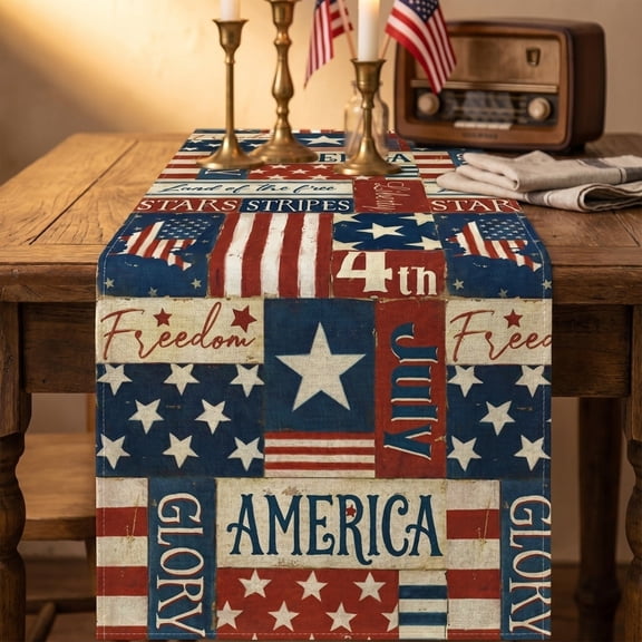 4Th Of July Decorative Tablecloth And Table Runner, Independence Day Patriotic Table Linen Set, Red White Blue Stars Stripes Dining Table Decor For Home Party, 183 X 73 Cm Linen Fabric Table Cover