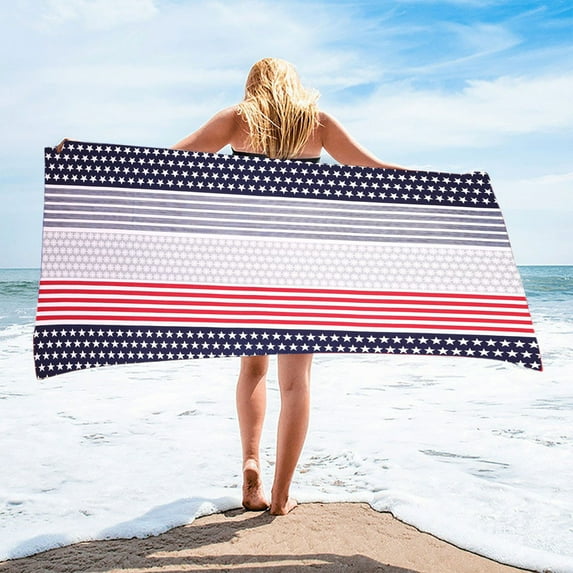 4Th of July Djunllk Beach Towel - Independence Day Patriotic Flag Print Microfiber Beach Blanket, Water Absorbing Sandproof Lightweight Portable Beach Vacation Essentials, 27.5" x 55.1"