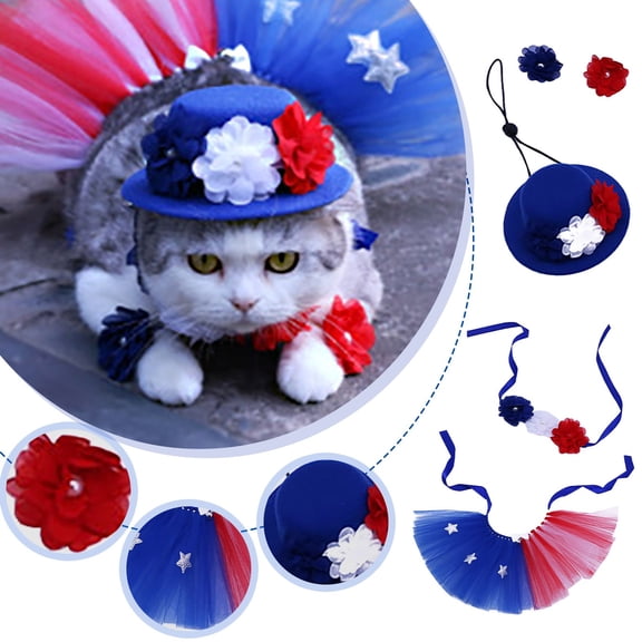 4Th of July Dog Outfit, Dog 4Th of July Outfit, Red White and Blue Decorations, Dog Outfit, Clips, Flower, Star Clips, Bow Clips, Hat for Dog, 12 in Waist, 4 Pc