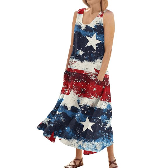 4Th Of July, Dress Casual Cotton Sleeveless Round Neck American Flag Ruffle Flowy Long Tank Floral Dresses Nye Off The Shoulder Dresses For Women 2025 Spring Dresses (L, Navy) ZMTing