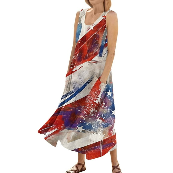 4Th Of July, Dress Casual Cotton Sleeveless Round Neck American Flag Ruffle Flowy Long Tank Office Dresses For Women Church 2025 Women'S Formal Dresses Teacher Short Dresses (L, Wine) ZMTing