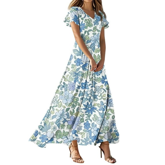 4Th Of July Dress, Wedding Guest Easter Dresses Chiffon Floral Short Sleeve Ruffle V Neck Flowy Maxi Dress Mini Black Coquette Dress For Curvy Women Formal Dresses Outfits (L, Blue) ZMTing