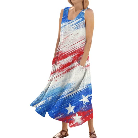 4Th Of July Dress Women, Dress Casual Cotton Sleeveless Round Neck American Flag Ruffle Flowy Long Tank White Dresses For Women Summer 2025 Plus Size Gothic Dress Outfits (L, White) ZMTing