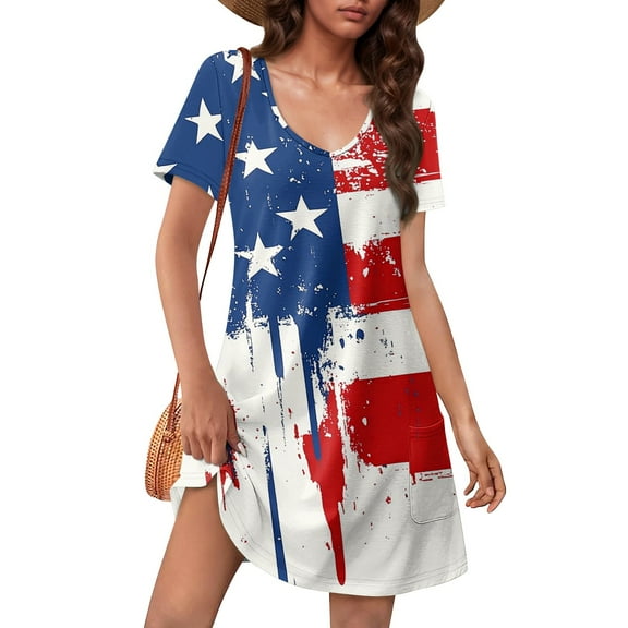 4Th Of July Dress Women Plus Size, American Flag Casual T Shirt Dress With Pockets V Neck Short Sleeve Boho Sundress Rompers For Dressy Black Maternity Cute Dresses Maxi (L, Light blue) ZMTing
