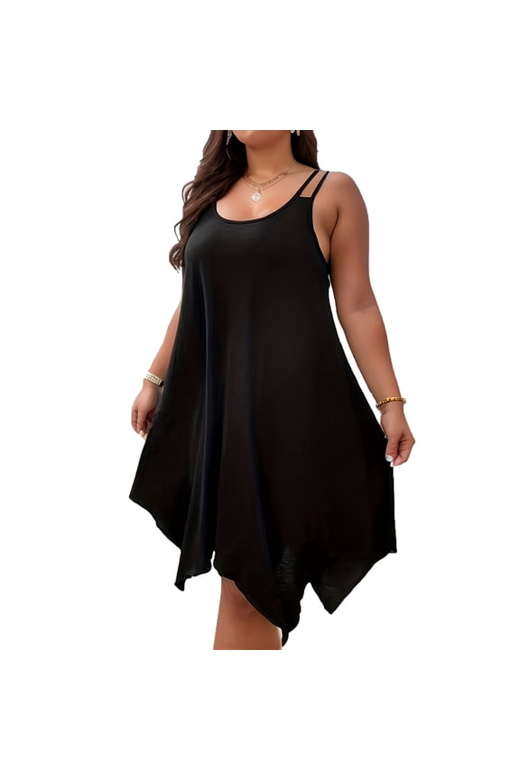 4Th Of July Dress Women Plus Size, Spaghetti Strap Solid Color Sleeveless Loose Irregular Dresses Baby Black Boots For Mother Bride Dresses Wedding Modest Dresses Work Denim (5XL, Black) ZMTing