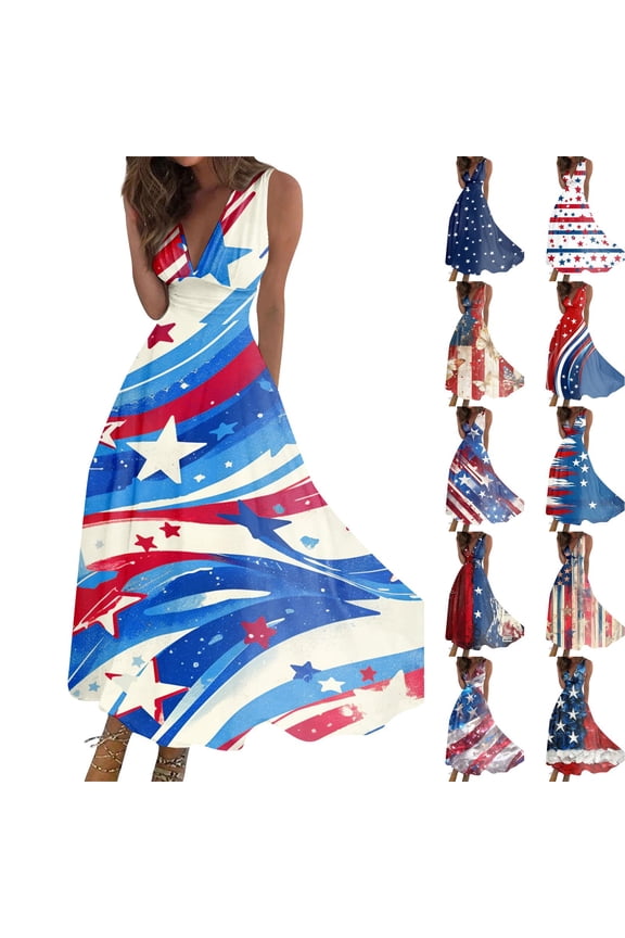 4Th of July Dress Women Sexy Patriotic American Flag Wrap Dresses Stars Stripes Swing Sleeveless Maxi Sundress Featuring Bold Red White Blue Artistic Brushstrokes Vermilion M