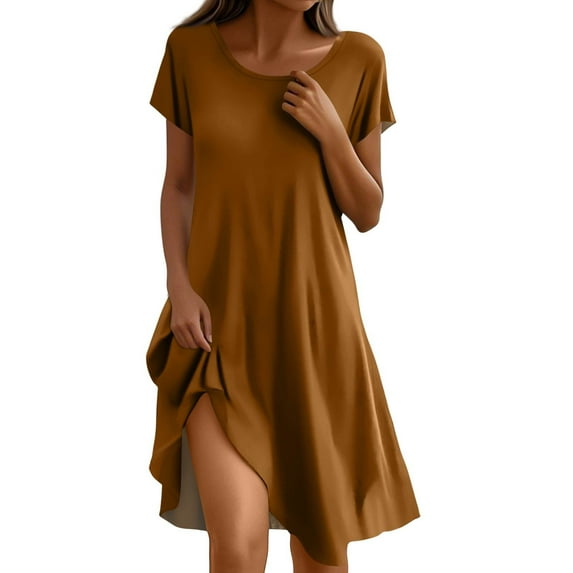 4Th Of July Dress Women, T Shirt Flared Short Sleeve Casual Solid Color V Neck Beach Mother Groom Dress Date Night Long Dress For Women Petite Dresses Wrap Sundresses (L, Brown) ZMTing
