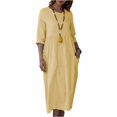 thumbnail image 1 of 4Th Of July Outfits For Women, Casual Loose 3/4 Sleeve Cotton Linen Solid Color Round Neck Beach Dresses With Pockets Formal Wedding Guest Dress Plus Size Sweater Tshirt (XL, Yellow) ZMTing, 1 of 5