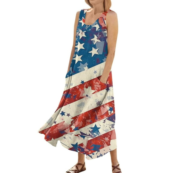 4Th Of July Outfits For Women Dress, Casual Cotton Sleeveless Round Neck American Flag Ruffle Flowy Long Tank Beach Wedding Dress Cowgirl Womens Guest Formal Sundresses Casual (M, Red) ZMTing