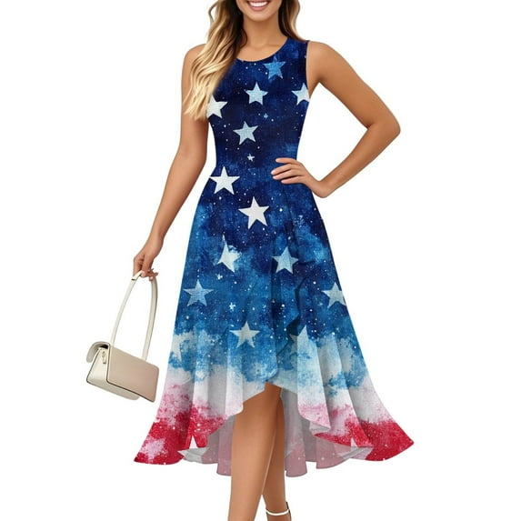 4Th Of July Outfits For Women, Dress Casual Cotton Sleeveless Round Neck American Flag Ruffle Flowy Long Tank Formal Dresses Women 2025 Maternity Baby Shower Clothes Dresses (L, Blue) ZMTing