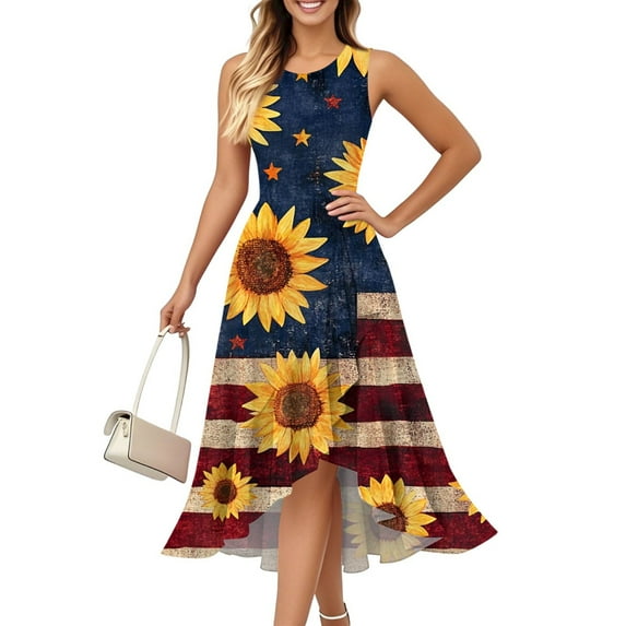 4Th Of July Outfits For Women, Dress Casual Cotton Sleeveless Round Neck American Flag Ruffle Flowy Long Tank Womens Black Dress Shoes Summer Women 2025 Dresses Cocktail (M, Multicolor) ZMTing