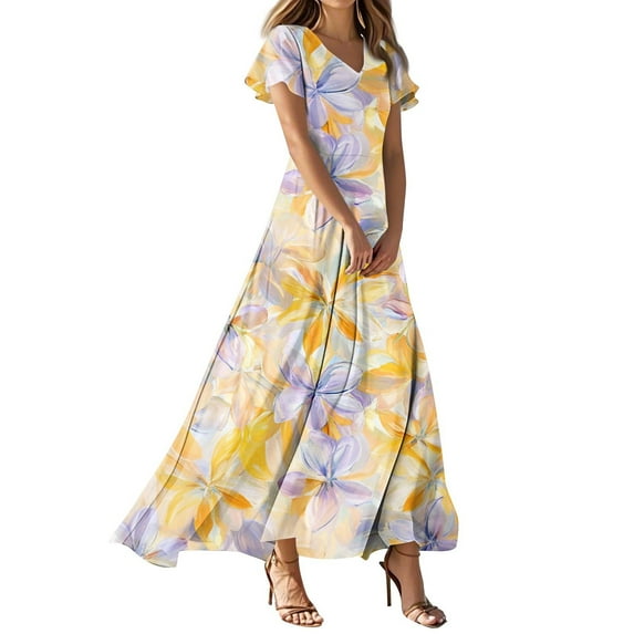 4Th Of July Outfits For Women Dress, Wedding Guest Easter Dresses Chiffon Floral Short Sleeve Ruffle V Neck Flowy Maxi Dress Off Shoulder Navy Blue Dress 2025 Dresses Work (XS, Yellow) ZMTing