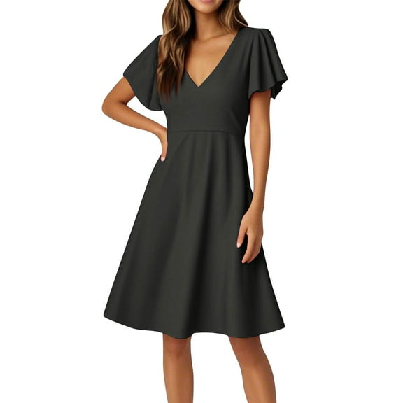 4Th Of July Outfits For Women, Dresses Flared Short Sleeve Casual Solid Color V Neck A Line Dresses Black Tie Formal Women Church Dresses Midi Orange Linen Dresses Cocktail (L, Dark Gray) ZMTing