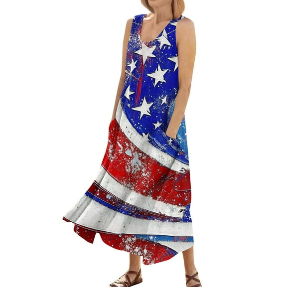 4Th Of July Outfits For Women Plus, Dress Casual Cotton Sleeveless Round Neck American Flag Ruffle Flowy Long Tank Body Con Dress Spring Work 2025 Mini Dresses Casual Dresses (XL, Red) ZMTing