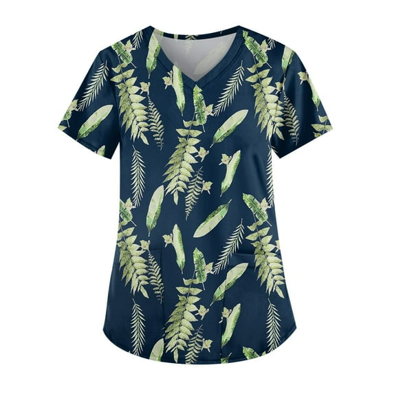 Scrubs For Women, Plus Size Floral Printed Scrub Working Uniform Tops V Neck Short Sleeve Tshirts Workwear Tee With Pockets Outfits Women Sexy Pants Shirts Tops (4XL, Dark Green) ZMTing