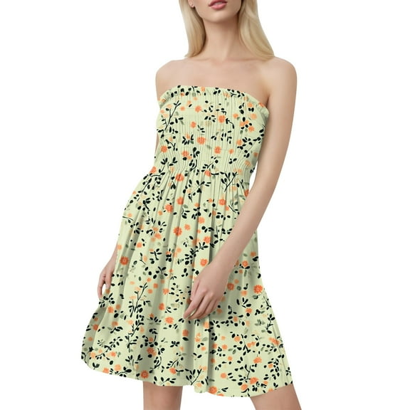 4Th Of July Outfits For Women Plus, Strapless Casual Dress Pleated Floral Beach Boho Smocked Tube Top Mini Dress Off The Shoulder Dress Boots Homecoming Going Dresses (L, Green) ZMTing