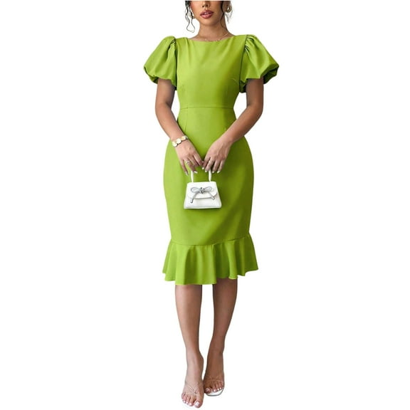 4Th Of July Outfits For Women Plus, Wedding Guest Round Neck Puff Sleeve Ruffle Sexy Elegant Fish Tail Dress Corduroy Black Sparkly Dresses Womens Curvy Cute Dresses Halter (L, Green) ZMTing