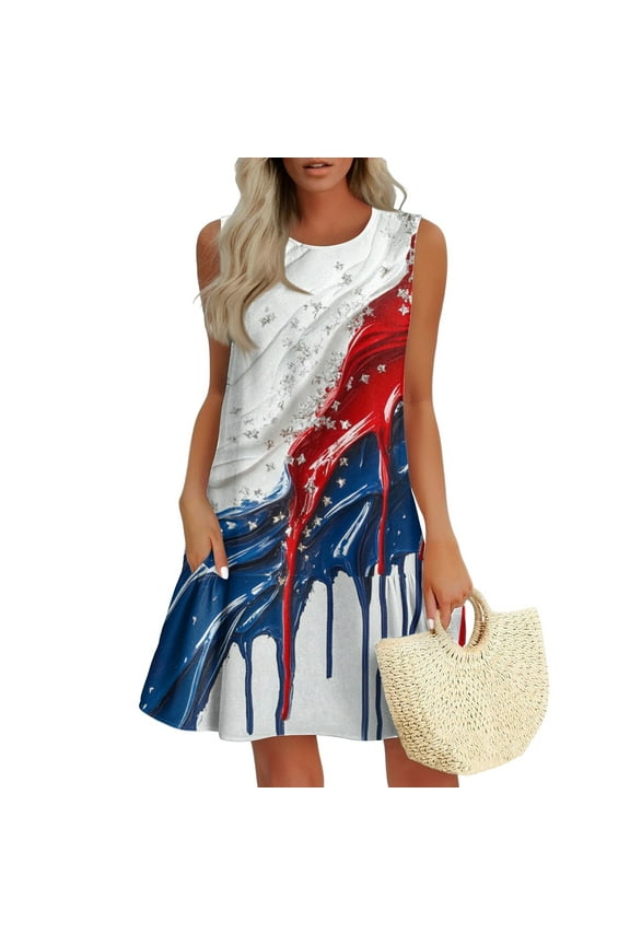 4Th Of July Outfits For Women Romper, American Flag Casual Tank Sundress With Pockets Boho Beach T-Shirts Round Neck Dresses New Years Eve Sexy Simple Wedding Dresses (L, Blue) ZMTing