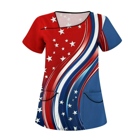 4Th Of July Outfits For Women, Scrub Tops Plus Size Skew Collar Short Sleeve Workwear With Double Layer Pockets Red White And Royal Blue American Flag Top Halloween Pants (XXL, Red) ZMTing