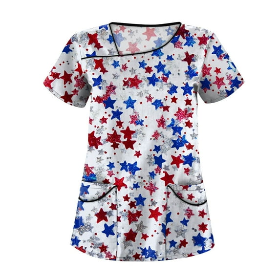 4Th Of July Outfits For Women, Scrub Tops Plus Size Skew Collar Short Sleeve Workwear With Pockets Red White And Royal Blue American Flag Top Cargo Pants Women Tank Top Tank (5XL, Royal Blue) ZMTing