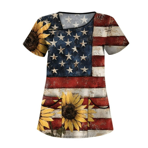 4Th Of July Outfits For Women, Scrub Tops Plus Size Skew Collar Short Sleeve Workwear With Pockets Red White And Royal Blue American Flag Top Mens Pants Tops Tank Tops Outfits (M, Yellow) ZMTing