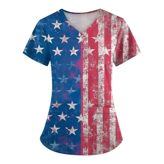 4Th Of July Outfits For Women, Scrubs Tops Plus Size V Neck Short Sleeve Workwear With Pockets Red White And Royal Blue American Flag Top Shirt Women Easter Tops Outfits (XL, Blue) ZMTing