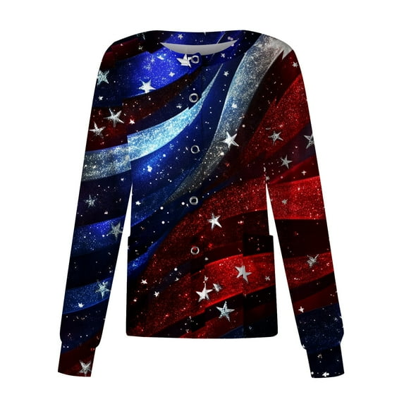 4Th Of July Outfits For Women, Scrubs Tops Round Neck Long Sleeve Workwear With Pockets Red White And Royal Blue American Flag Lightweight Cardigan Maternity Pants Shirts (XXL, Wine) ZMTing