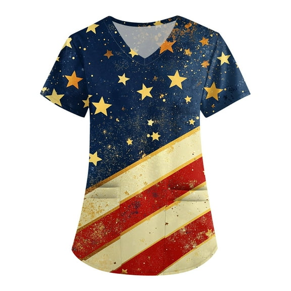 4Th Of July Outfits For Women, Scrubs Tops V Neck Short Sleeve Workwear With Pockets Red White And Royal Blue American Flag Top Mothers Day Scrubs Women Tank Top Shirts Tops (M, Red) ZMTing