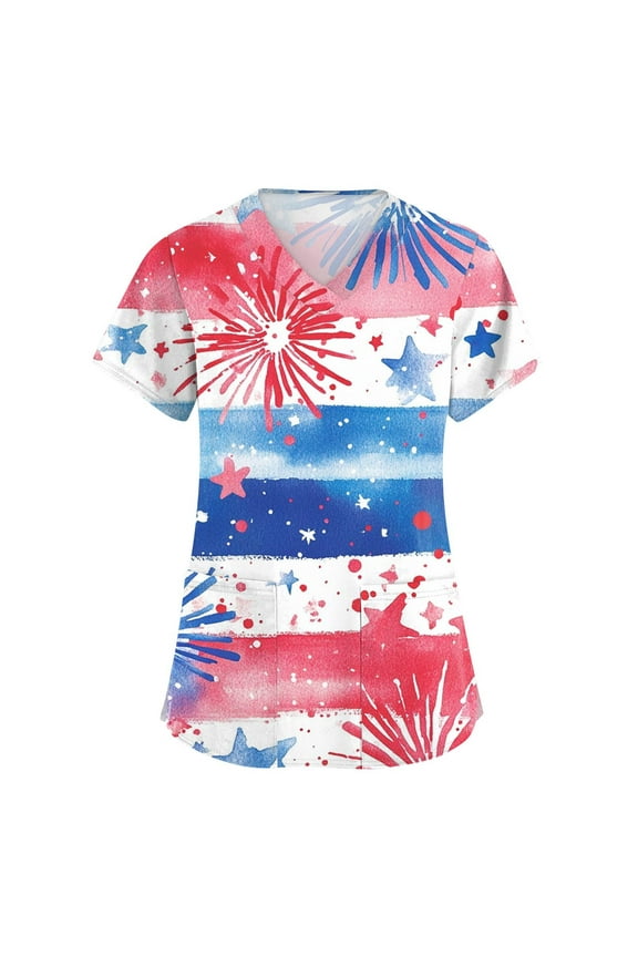 4Th Of July Outfits For Women, Scrubs Tops V Neck Short Sleeve Workwear With Pockets Red White And Royal Blue American Flag Top Petite Scrubs Women Sets Shirts Tank Tops (5XL, Blue) ZMTing