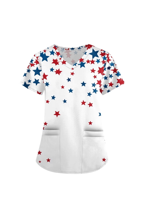 4Th Of July Outfits For Women, Scrubs Tops V Neck Short Sleeve Workwear With Pockets Red White And Royal Blue American Flag Top Womens Scrub Jacket Shirts Outfits Shirts (3XL, White) ZMTing