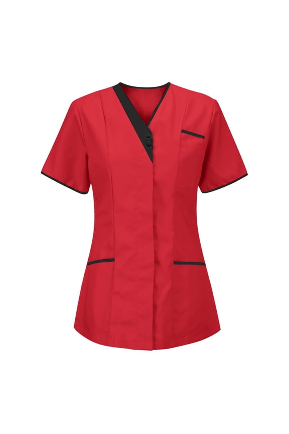 Scrubs For Women Tops, Scrubs Solid Colour V Neck Short Sleeve Button Tops With Pockets Outfits Fourth Shirts Tank Tops Tank Outfit Shirts Red (L, Red) ZMTing