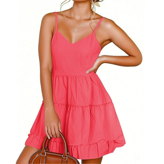 4Th Of July Outfits For Women, Spaghetti Strap V Neck Tank Dress Sleeveless Casual With Pocket Black Sparkly Dress Teacher Outfits Women African Dresses Halter Dresses Casual (L, Hot Pink) ZMTing
