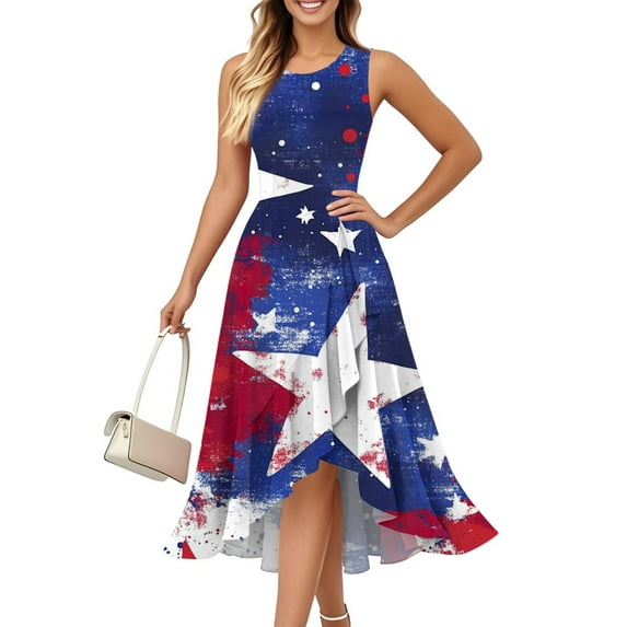4Th Of July Outfits For Women Western, Dress Casual Cotton Sleeveless Round Neck American Flag Ruffle Flowy Long Tank Quince Dresses Sleeve Winter Dresses 2025 Dresses Maxi (L, Dark Blue) ZMTing
