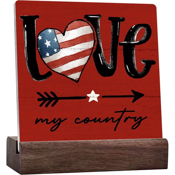 4Th Of July Patriotic Decor Ceramic Desk Sign, Home Decor Of Shelf Table Tiered Tray, Americana, Farmhouse Red Blue White Decor Love My Country Home Office Bedroom,