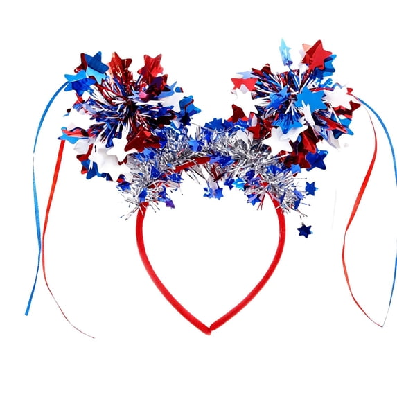 4Th of July Patriotic Headband for Women Girls, Ongmies Red White Blue Star Tinsel Headband with Tassels, Sparkly Independence Day Hair Accessories for Party Parade Festival Decorations
