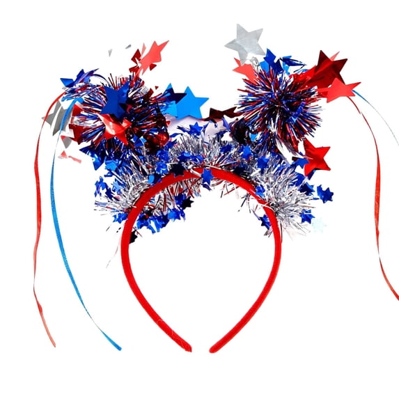 4Th of July Patriotic Headband for Women Girls, Ongmies Red White Blue Star Tinsel Headband with Tassels, Sparkly Independence Day Hair Accessories for Party Parade Festival Decorations